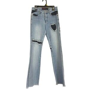 VTG Y2K Fluid Jeans Light Wash Bootcut Raw Hem Distressed Patch SZ 1 (24 Waist)